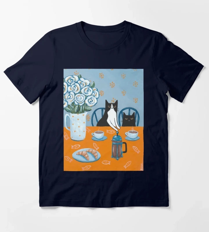 French Press Coffee Cats T-Shirt Navy