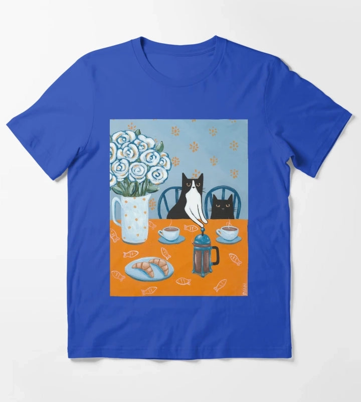 French Press Coffee Cats T-Shirt Blue