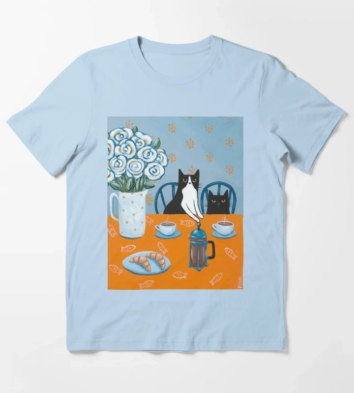 French Press Coffee Cats T-Shirt Sky Blue