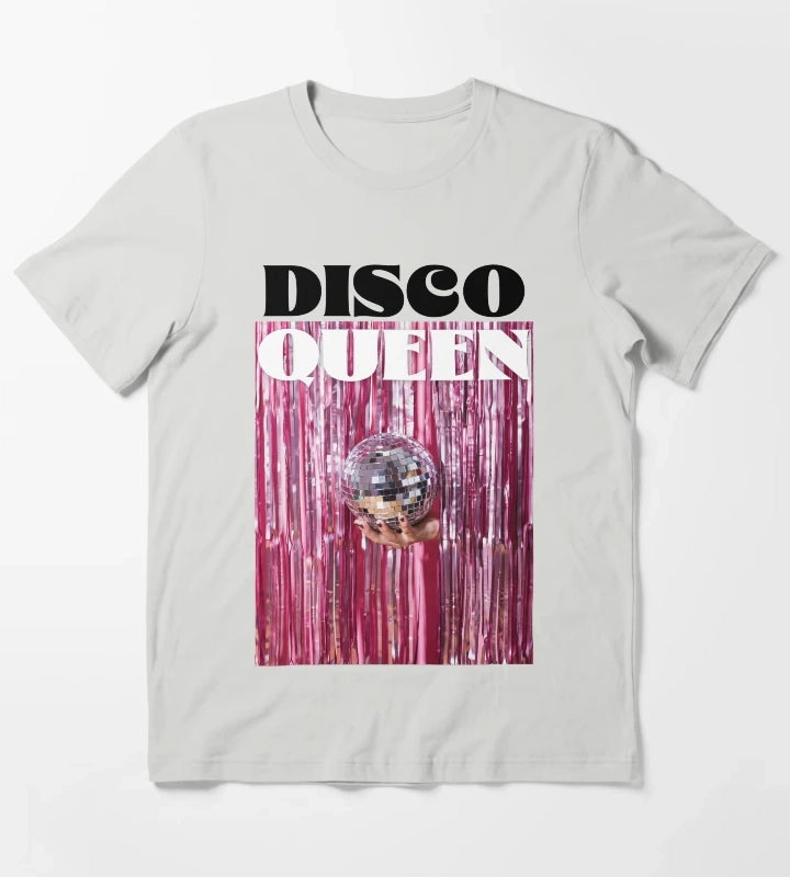 Funky Disco Queen Disco Ball Retro Font Eclectic Hot Pink Quote T-Shirt Light Grey