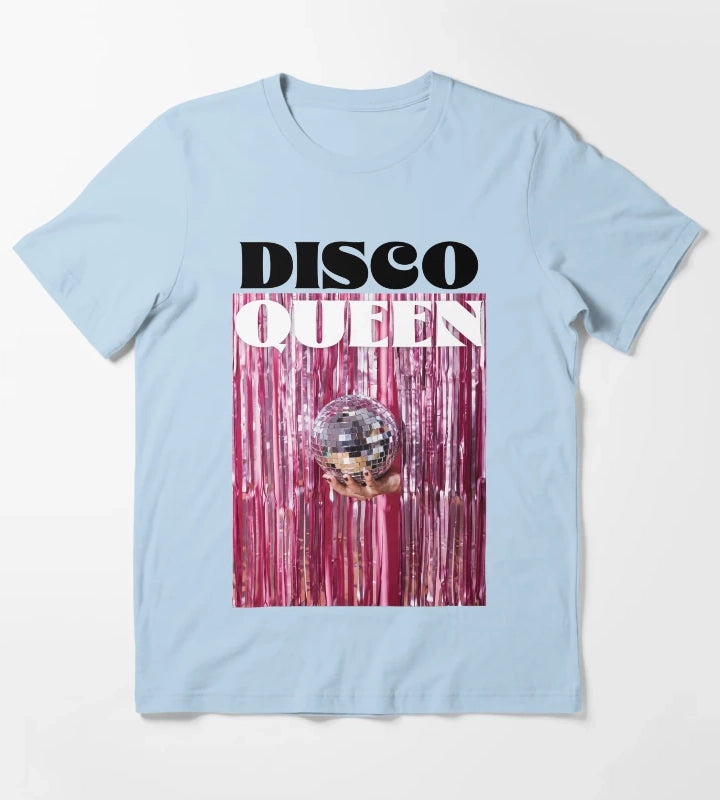 Funky Disco Queen Disco Ball Retro Font Eclectic Hot Pink Quote T-Shirt Sky Blue