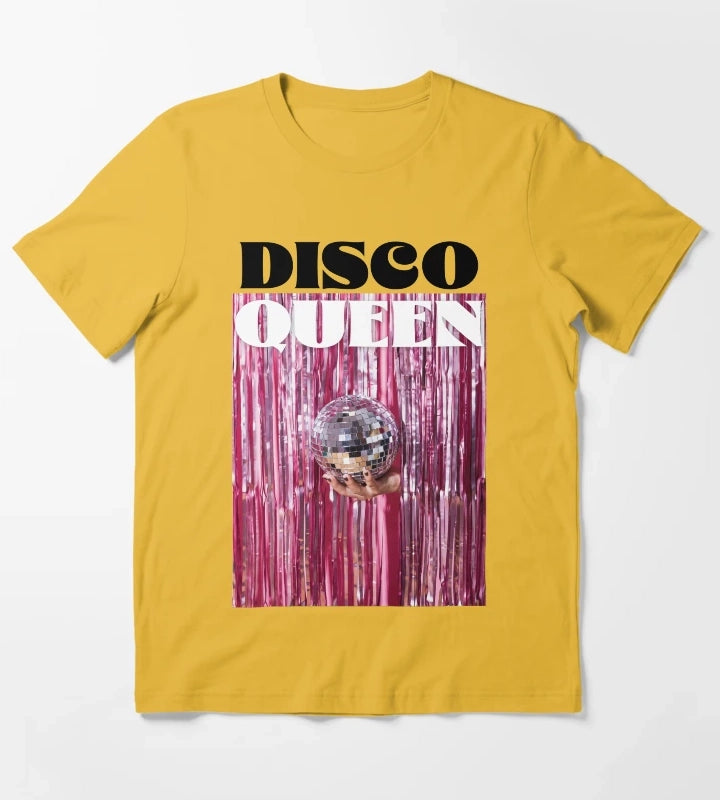 Funky Disco Queen Disco Ball Retro Font Eclectic Hot Pink Quote T-Shirt Yellow