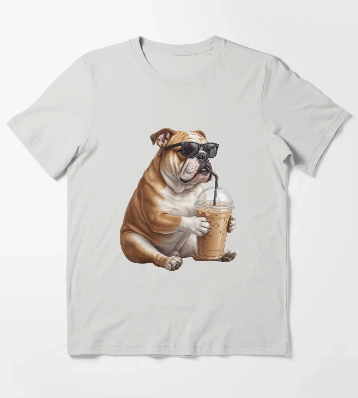 Funny Bulldog Drinking Iced Coffee Meme Dog Lover T-Shirt Light Grey