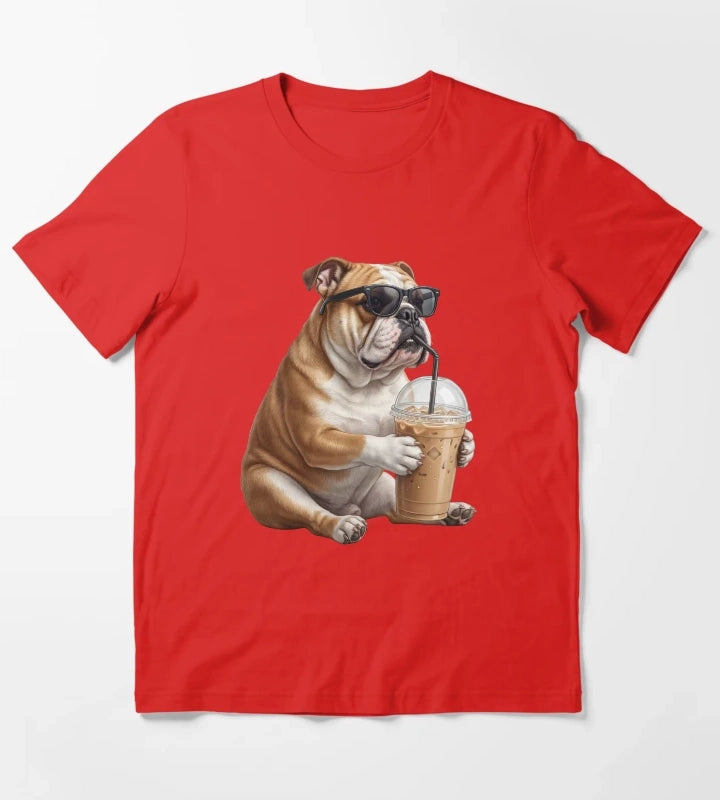 Funny Bulldog Drinking Iced Coffee Meme Dog Lover T-Shirt Red