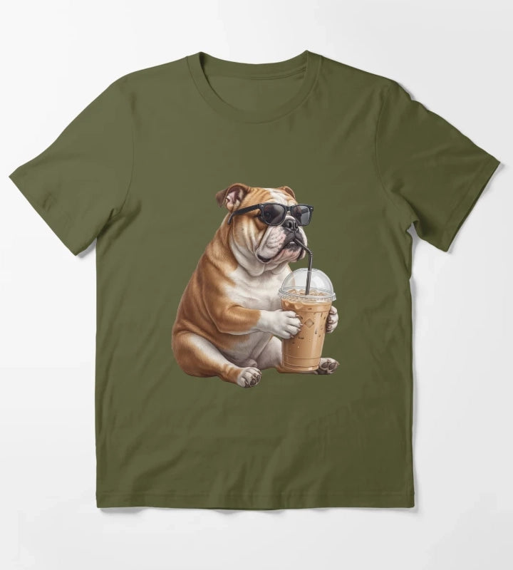 Funny Bulldog Drinking Iced Coffee Meme Dog Lover T-Shirt Olive Green