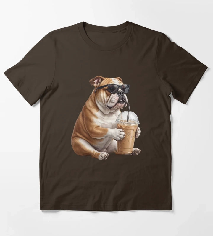 Funny Bulldog Drinking Iced Coffee Meme Dog Lover T-Shirt Brown