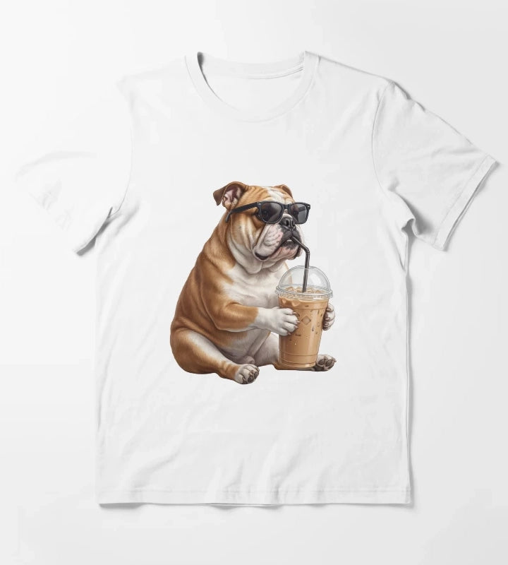 Funny Bulldog Drinking Iced Coffee Meme Dog Lover T-Shirt White