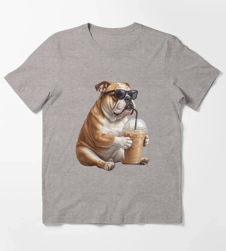 Funny Bulldog Drinking Iced Coffee Meme Dog Lover T-Shirt Heather Grey