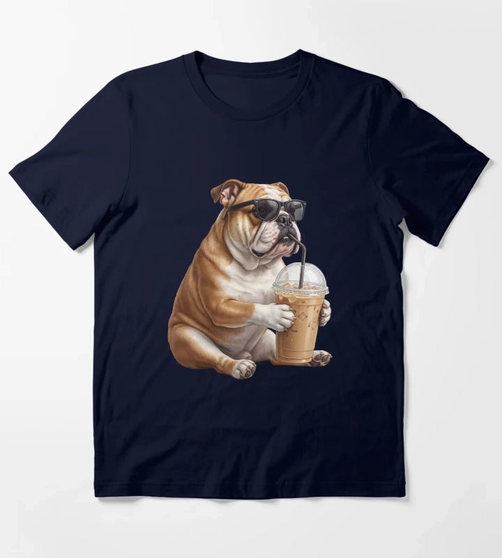 Funny Bulldog Drinking Iced Coffee Meme Dog Lover T-Shirt Navy