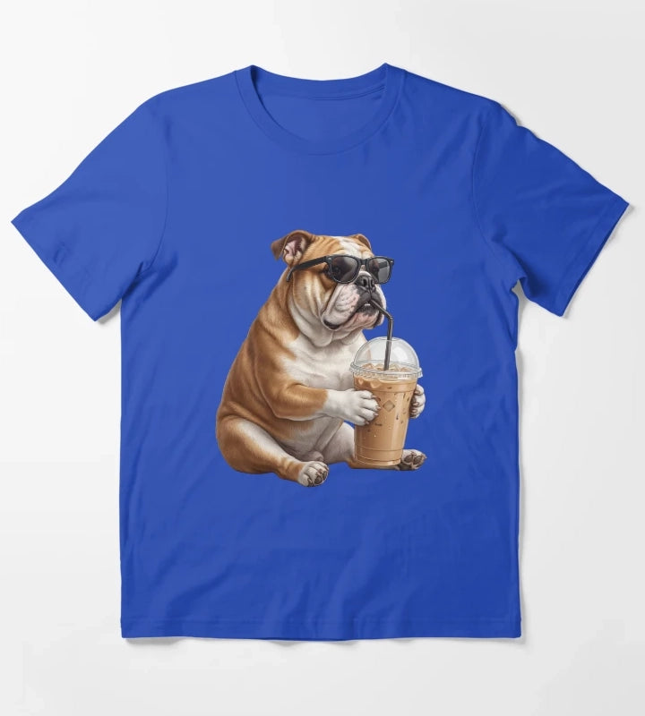 Funny Bulldog Drinking Iced Coffee Meme Dog Lover T-Shirt Blue