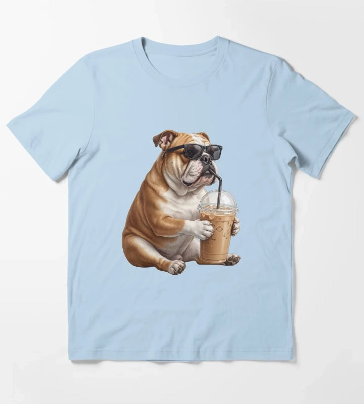 Funny Bulldog Drinking Iced Coffee Meme Dog Lover T-Shirt Sky Blue