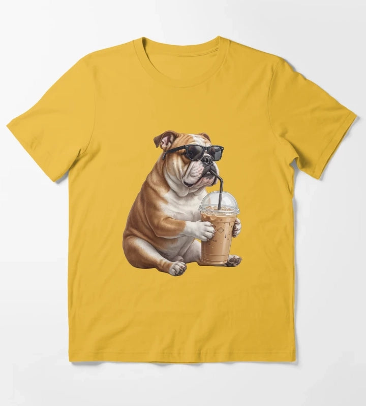 Funny Bulldog Drinking Iced Coffee Meme Dog Lover T-Shirt Yellow