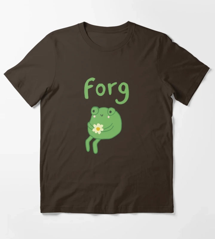 Funny Frog Birthday Cake Cute Cottagecore Aesthetic with Sad Anime Toad Sitting with Flower T-Shirt Brown
