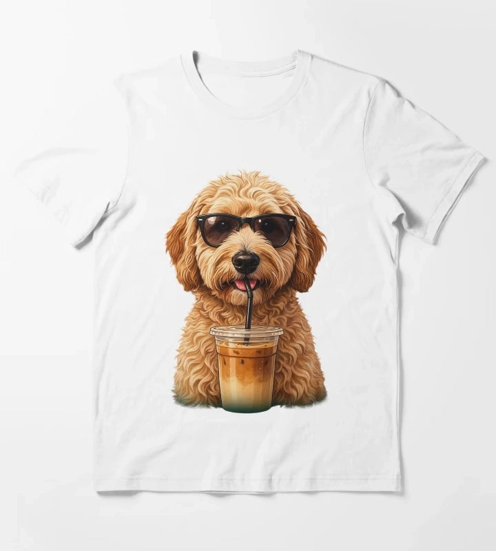 Funny Goldendoodle Drinking Iced Coffee Dog With Sunglasses T-Shirt White