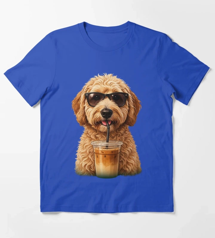 Funny Goldendoodle Drinking Iced Coffee Dog With Sunglasses T-Shirt Blue