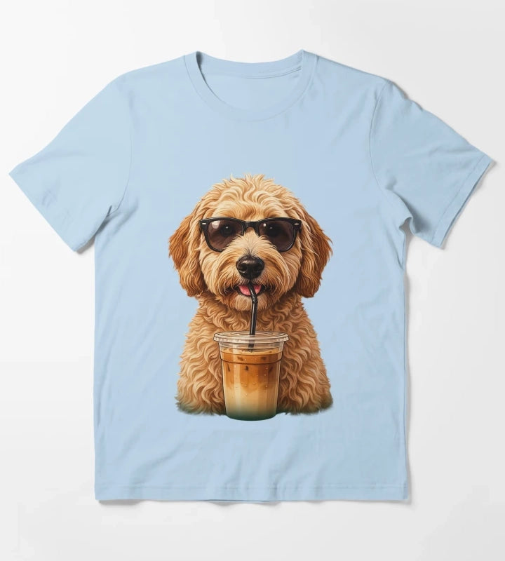 Funny Goldendoodle Drinking Iced Coffee Dog With Sunglasses T-Shirt Sky Blue