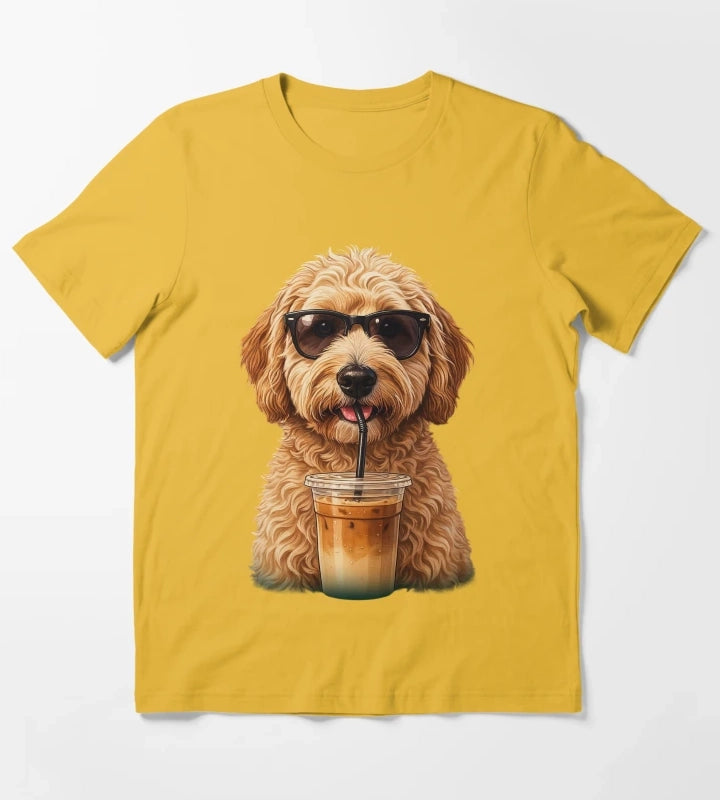 Funny Goldendoodle Drinking Iced Coffee Dog With Sunglasses T-Shirt Yellow