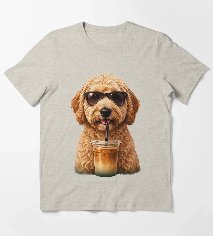 Funny Goldendoodle Drinking Iced Coffee Dog With Sunglasses T-Shirt Cream