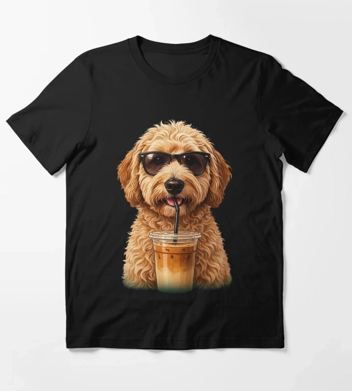Funny Goldendoodle Drinking Iced Coffee Dog With Sunglasses T-Shirt