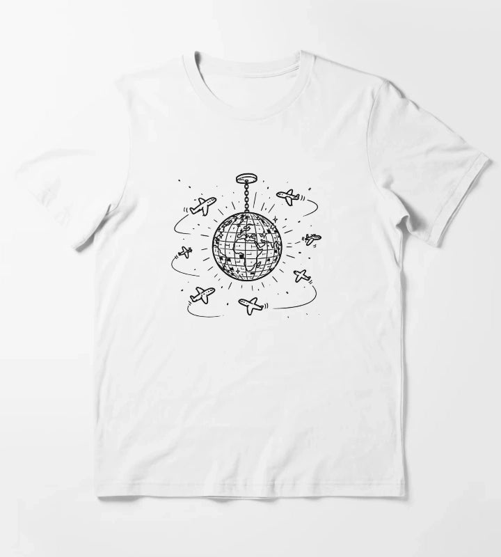 Funny Travel Disco Ball Airplane Around the World Design T-Shirt White