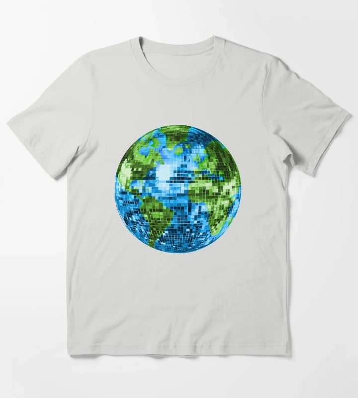 Galactic Disco Ball Planet Earth T-Shirt Light Grey