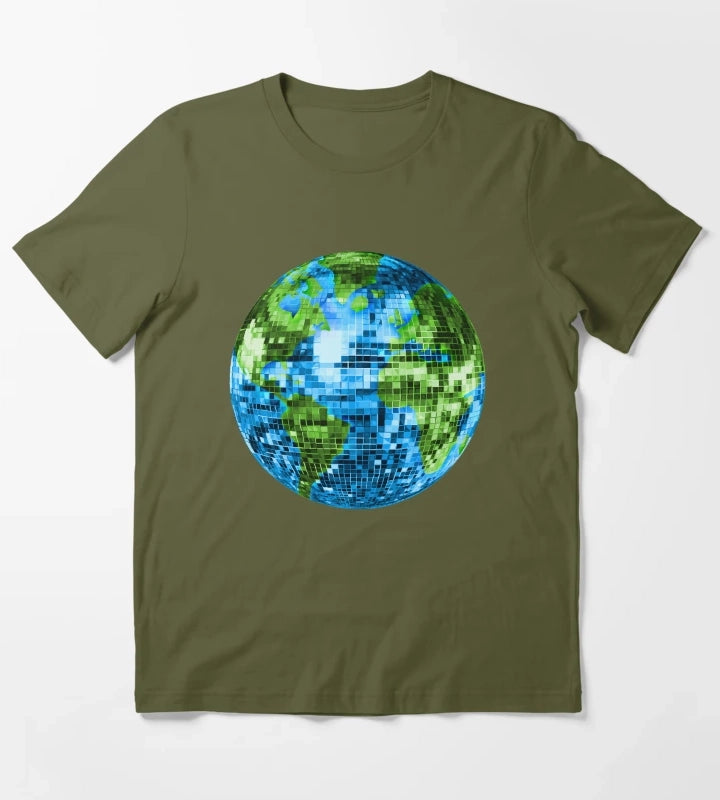 Galactic Disco Ball Planet Earth T-Shirt Olive Green