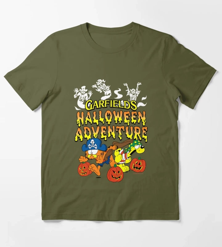 Garfield Halloween Adventure Cartoon Funny Spooky Design T-Shirt Olive Green