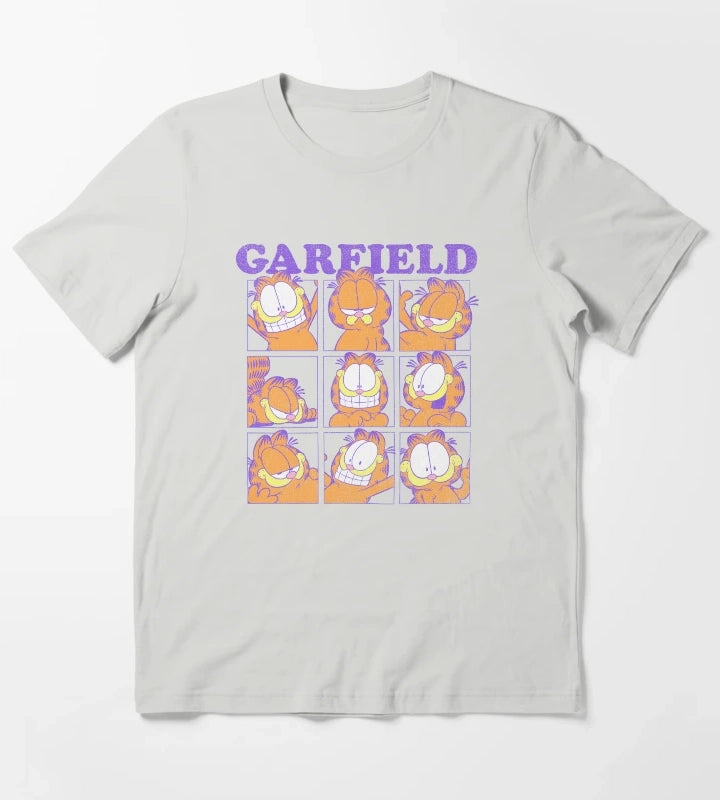 Garfield Many Faces Distressed Grid T-Shirt Light Grey