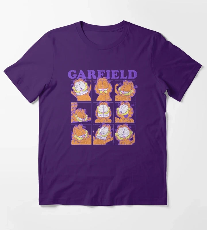 Garfield Many Faces Distressed Grid T-Shirt Purple