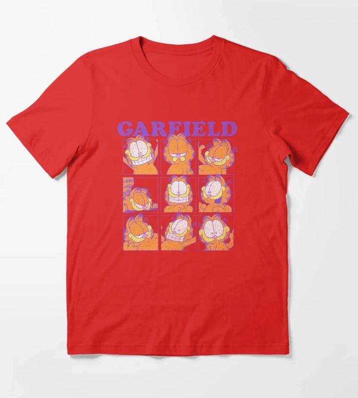 Garfield Many Faces Distressed Grid T-Shirt Red