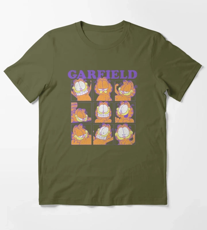 Garfield Many Faces Distressed Grid T-Shirt Olive Green