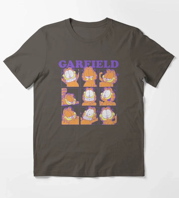 Garfield Many Faces Distressed Grid T-Shirt Dark Grey