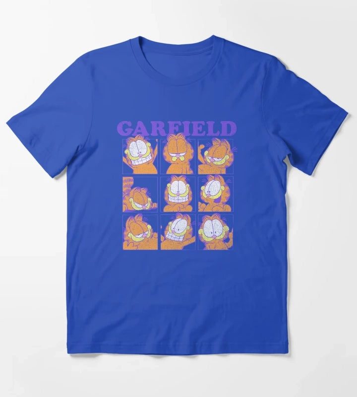 Garfield Many Faces Distressed Grid T-Shirt Blue