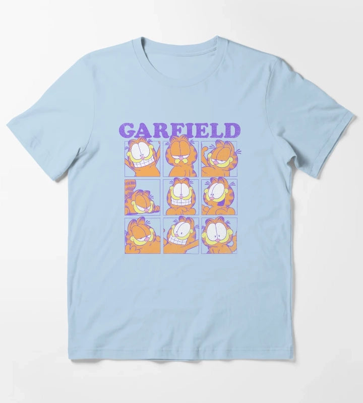 Garfield Many Faces Distressed Grid T-Shirt Sky Blue