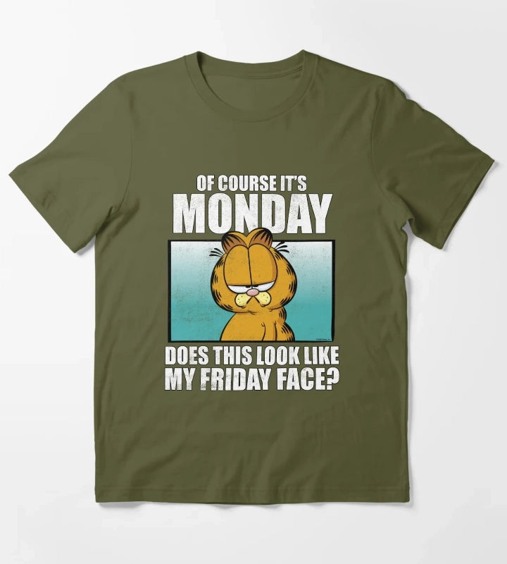 Garfield Of Course Its MondayFriday Face T-Shirt Olive Green
