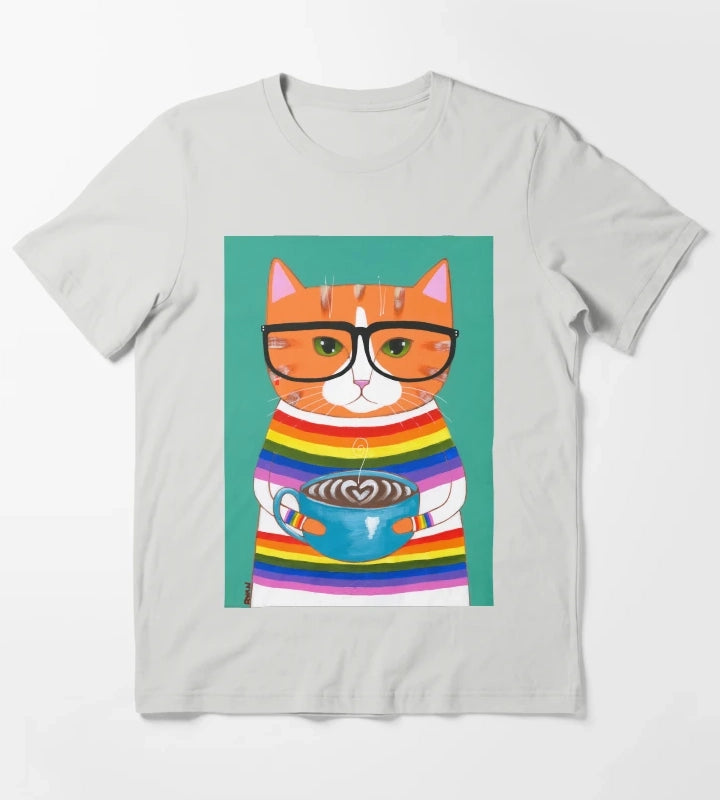 Ginger Rainbow Coffee Cat T-Shirt Light Grey