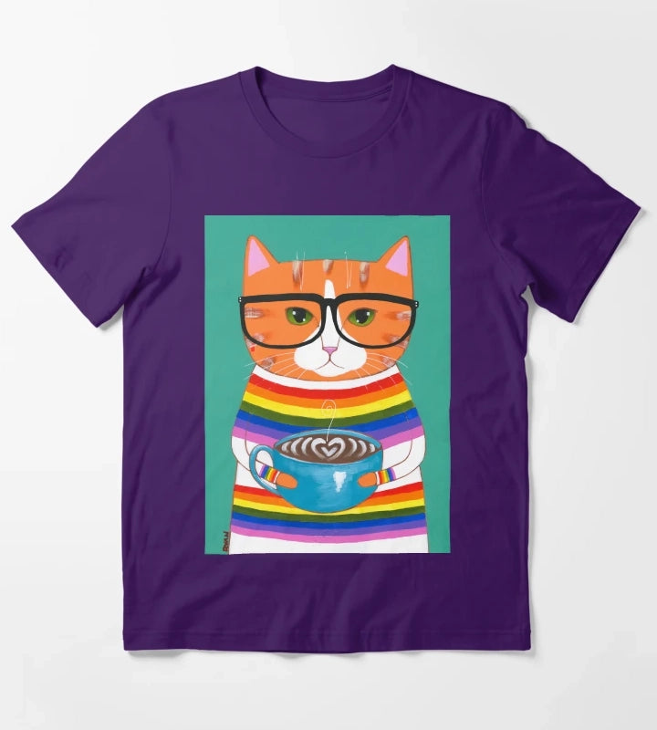 Ginger Rainbow Coffee Cat T-Shirt Purple