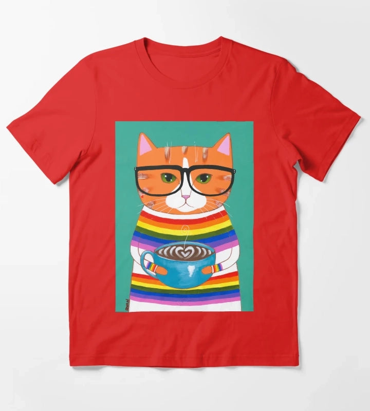Ginger Rainbow Coffee Cat T-Shirt Red