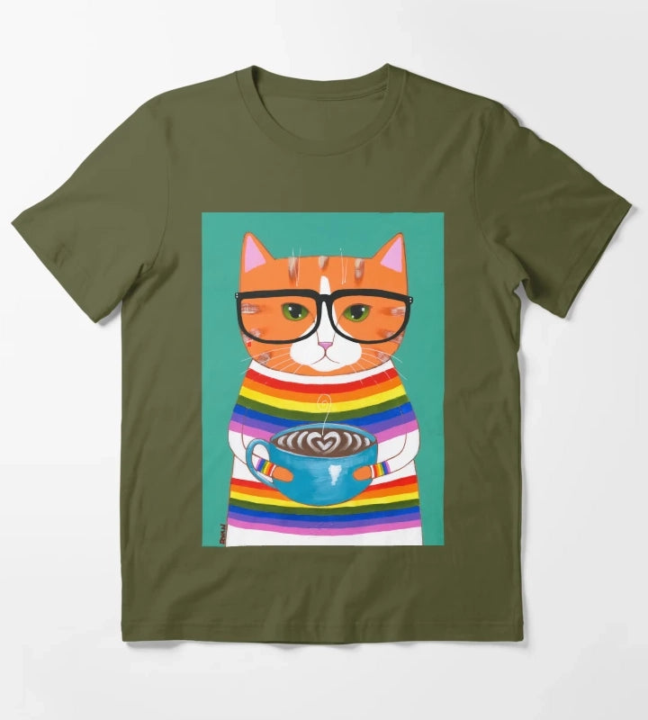 Ginger Rainbow Coffee Cat T-Shirt Olive Green