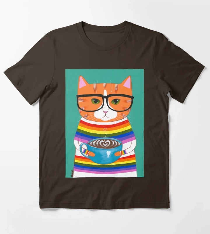 Ginger Rainbow Coffee Cat T-Shirt Brown