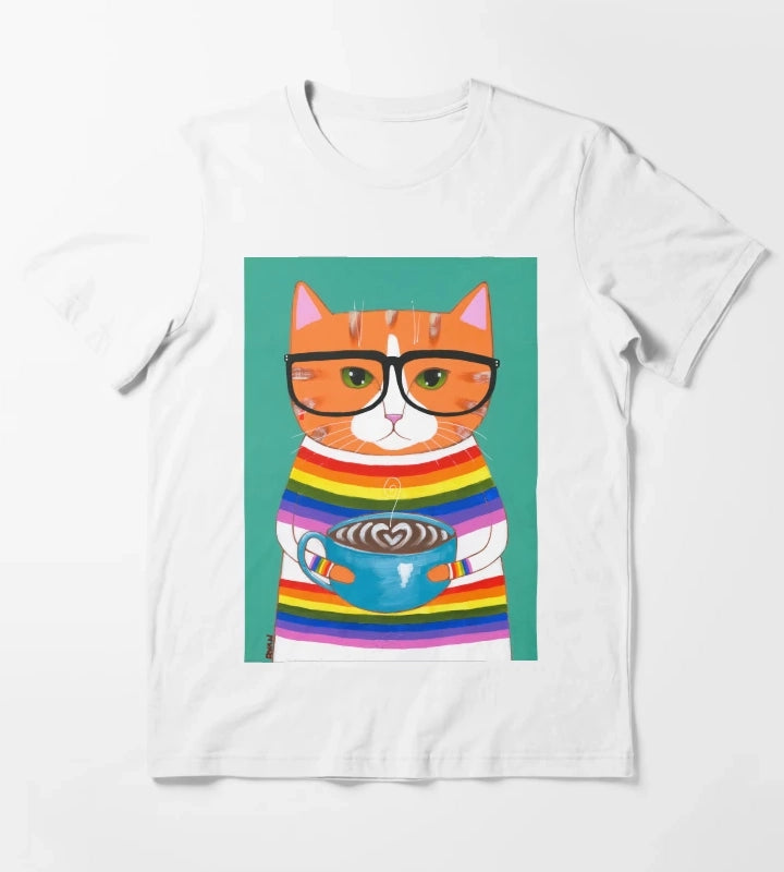 Ginger Rainbow Coffee Cat T-Shirt White