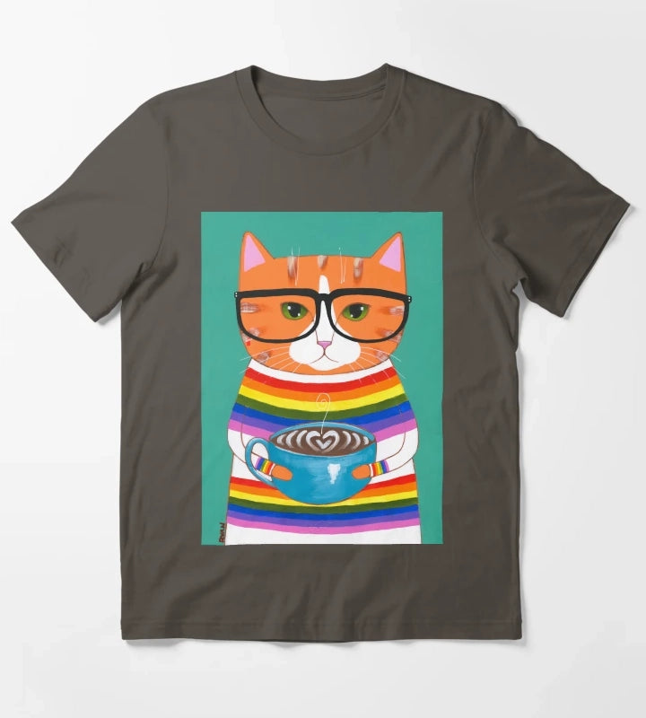 Ginger Rainbow Coffee Cat T-Shirt Dark Grey