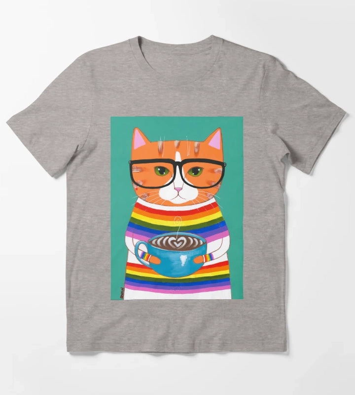 Ginger Rainbow Coffee Cat T-Shirt Heather Grey