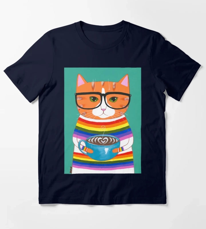 Ginger Rainbow Coffee Cat T-Shirt Navy