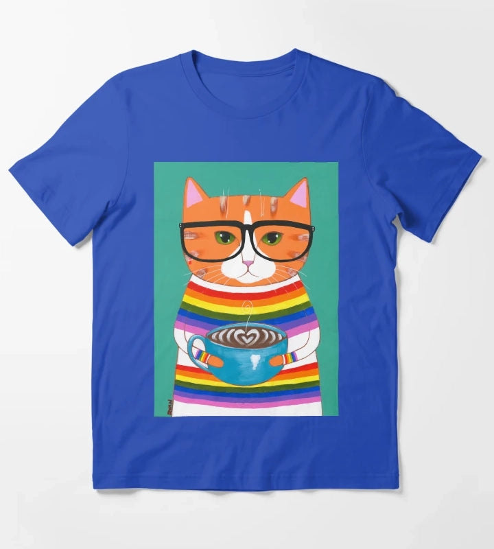 Ginger Rainbow Coffee Cat T-Shirt Blue