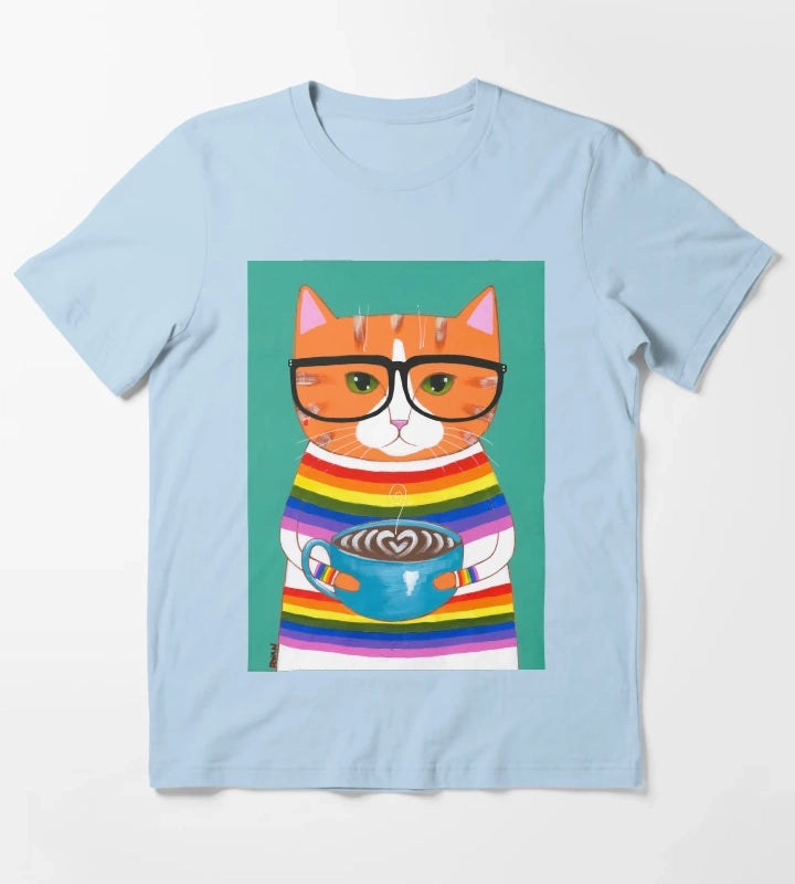 Ginger Rainbow Coffee Cat T-Shirt Sky Blue