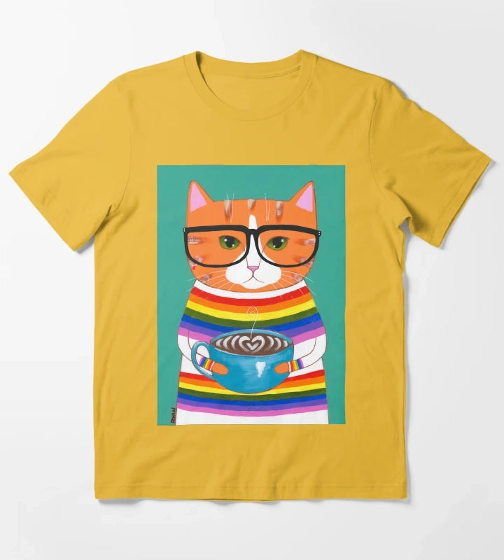 Ginger Rainbow Coffee Cat T-Shirt Yellow
