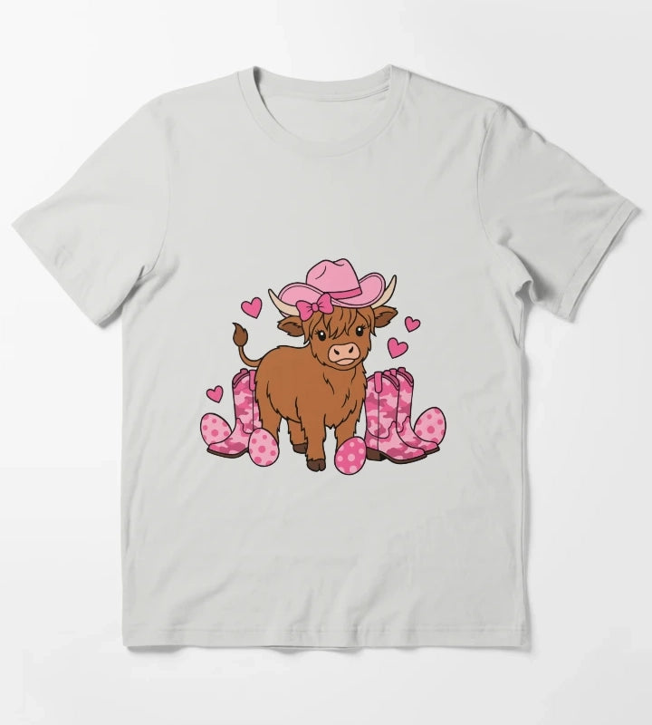 Girls Cowgirl Easter Highland Cow T-Shirt Light Grey