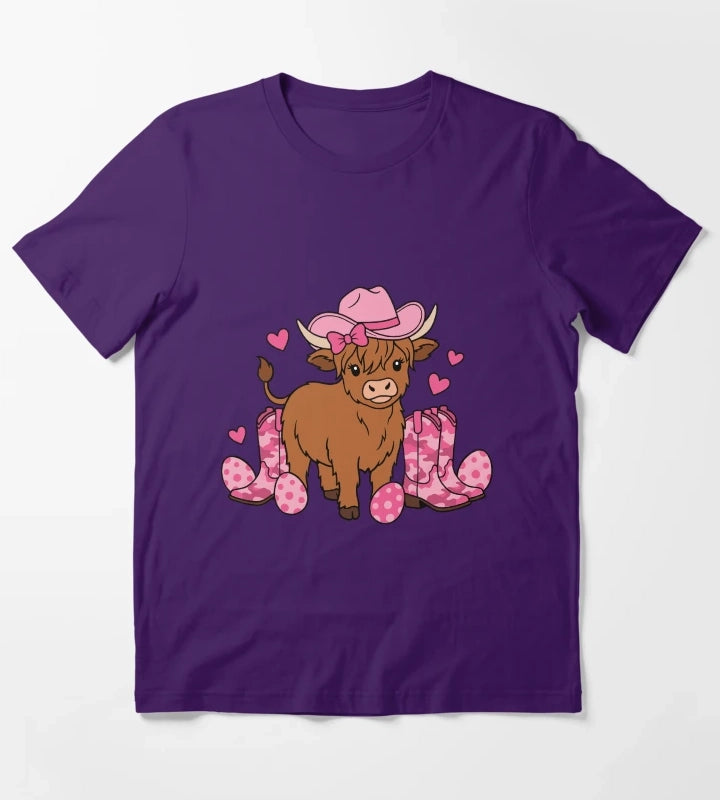 Girls Cowgirl Easter Highland Cow T-Shirt Purple