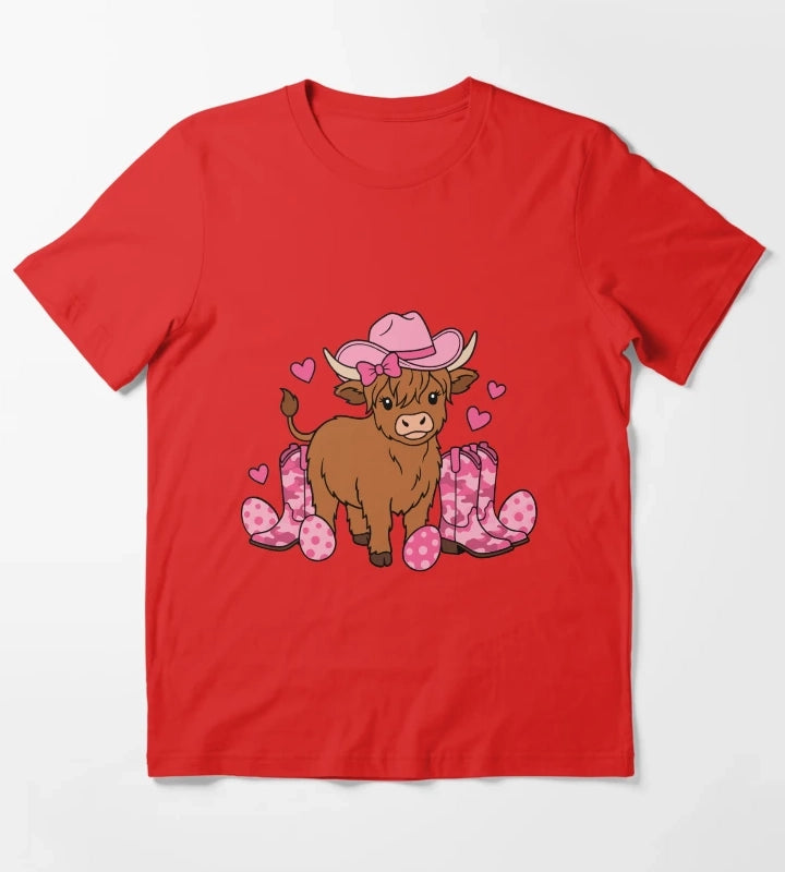 Girls Cowgirl Easter Highland Cow T-Shirt Red